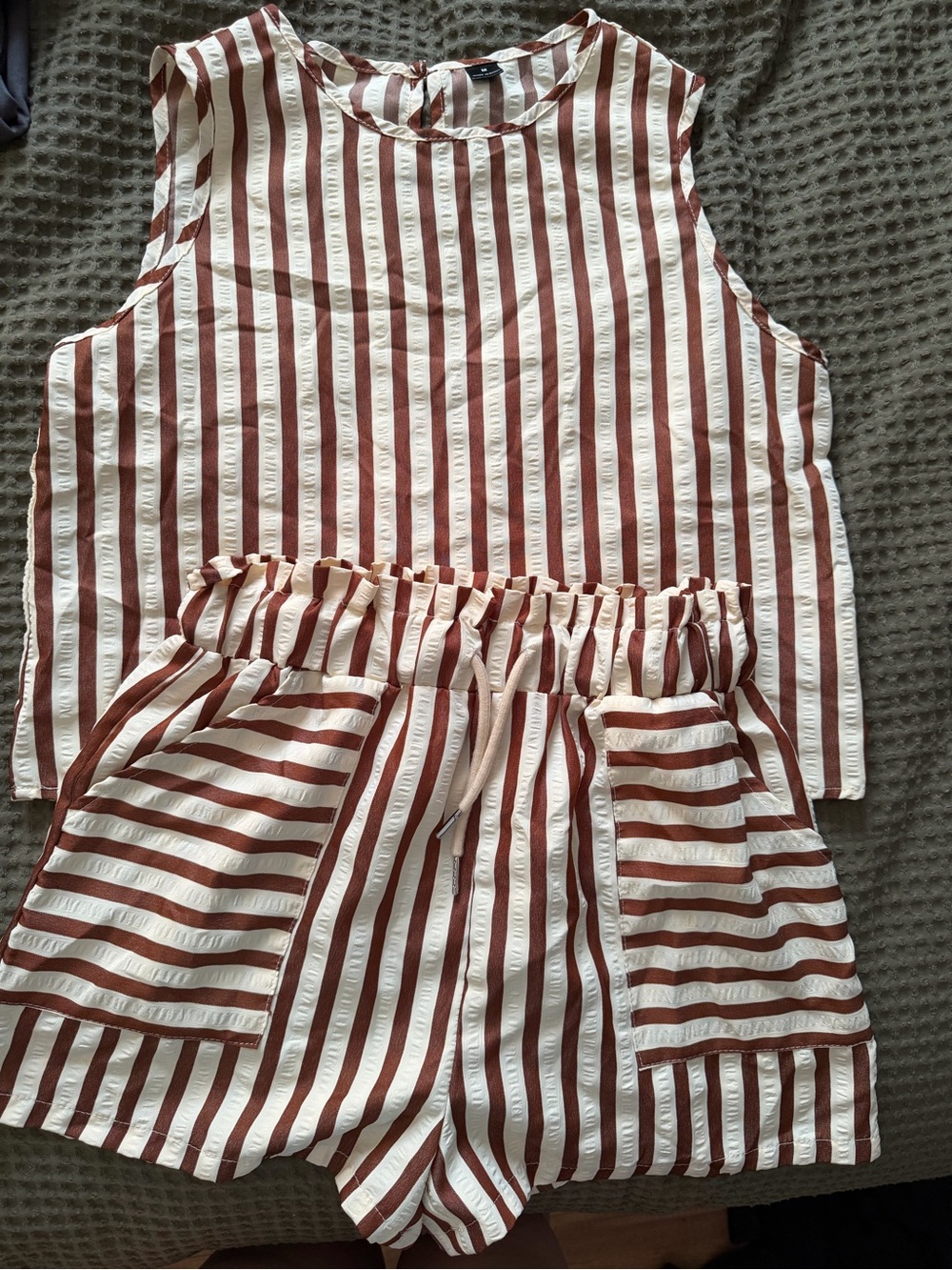 SHEIN Cream & Brown Striped Sleeveless Top and Drawstring Shorts Set